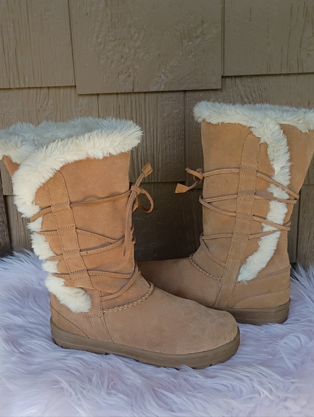 Sonoma Tan Leather Faux Fur Shearling Lace Up Oneal Y2K Winter Snow Boots